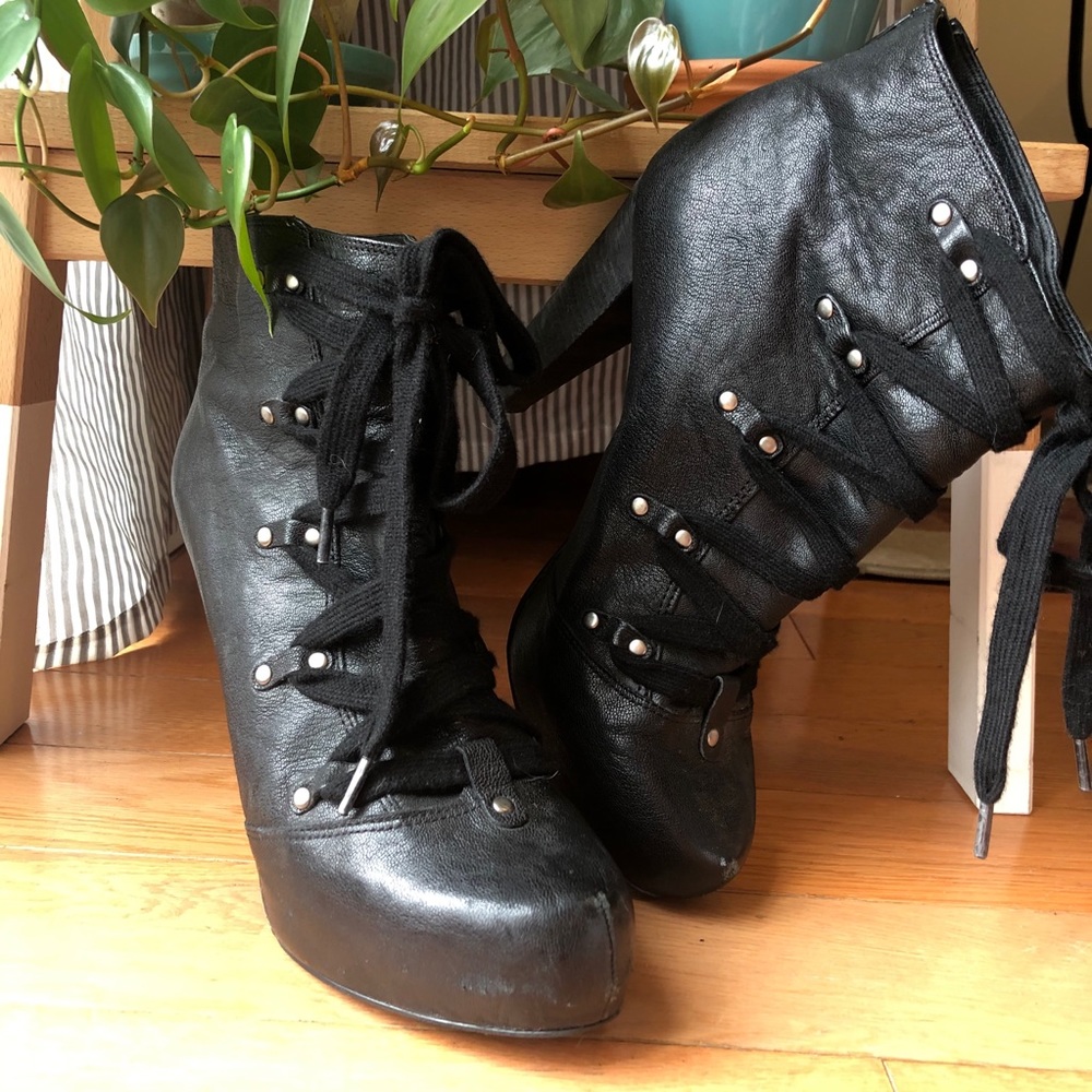 Trouve Black Leather Platform LaceUp Ankle Booties